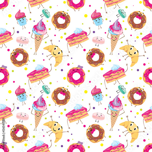 Set of cute desserts. Donuts, muffins, pasta, coffee, tea, cup, cake, ice creams and a croissant. Smiling sweets. Characters.