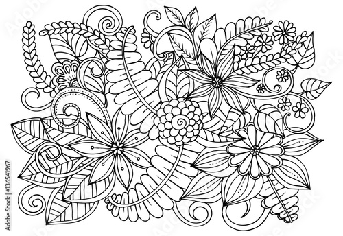 Doodle floral pattern in black and white. Page for coloring book
