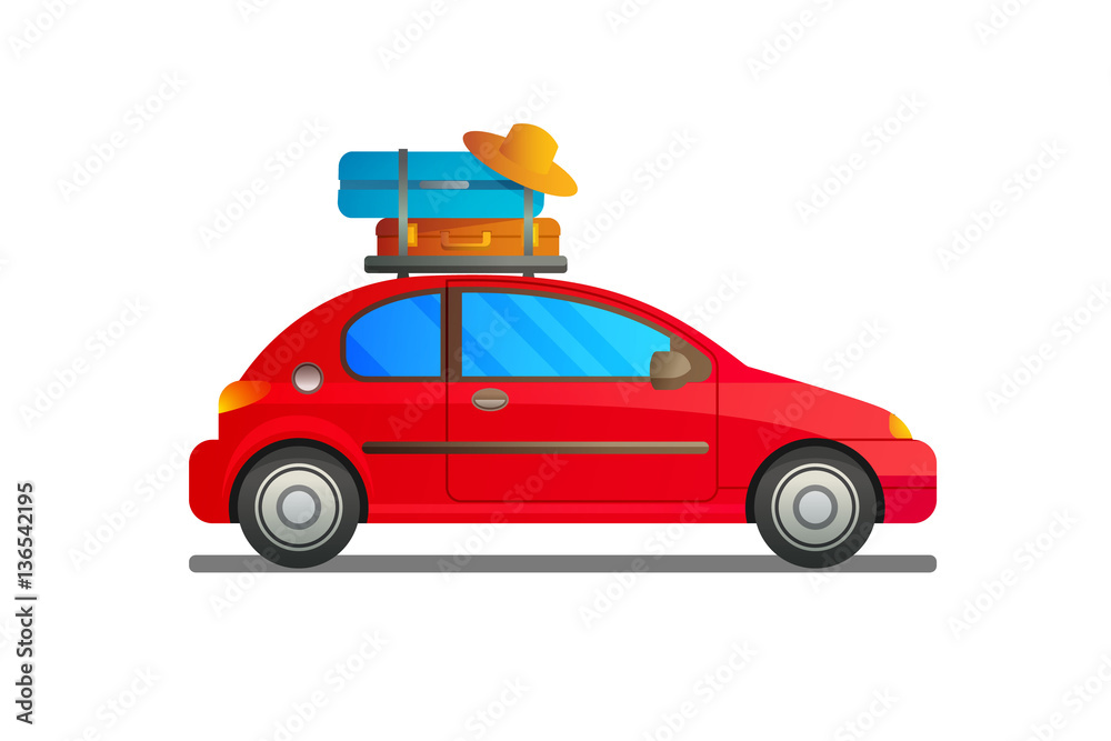 Vector illustration of a red car with luggage on top. Vector illustration of a red car with luggage on top.
