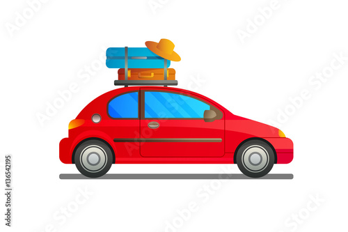 Vector illustration of a red car with luggage on top.