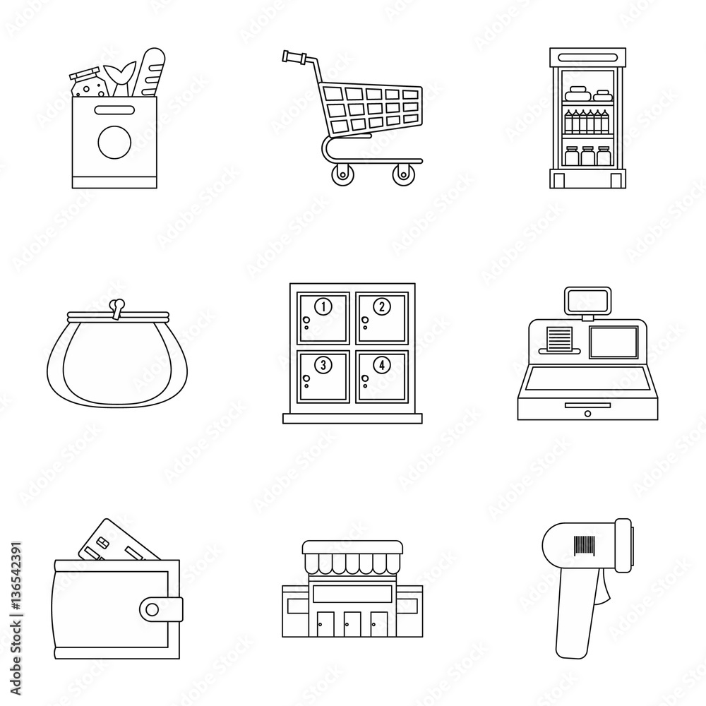 Supermarket icons set, outline style Supermarket icons set, outline style