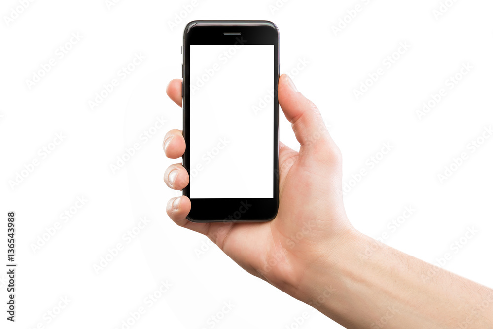 Male hand holding black cellphone isolated at white background.