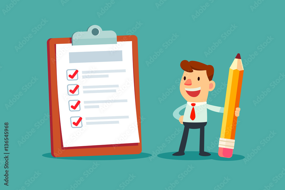 businessman holding a pencil looking at completed checklist on c businessman holding a pencil looking at completed checklist on c