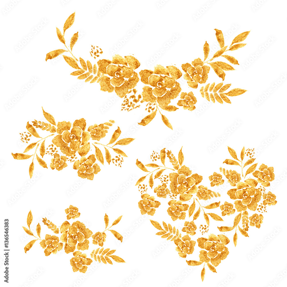 Romantic gold rose bouquet design pattern invitation template.