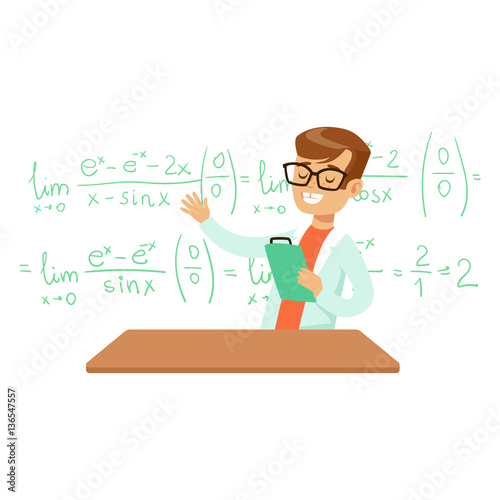 Boy Explaining Mathematic Formula, Kid Doing Math Science Research Dreaming Of Becoming Professional Scientist In The Future