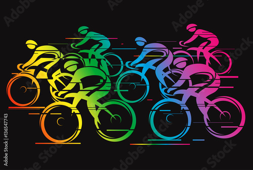 Peleton cycle race rainbow color. Stylized colorful drawing of cyclists on the black background. Vector available. 
