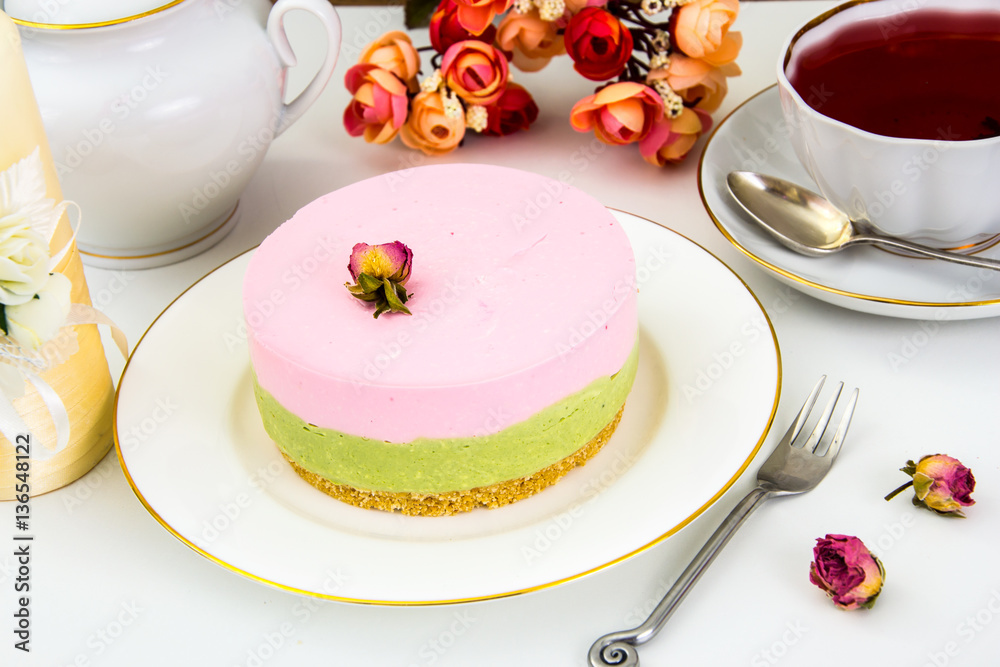 Raspberry Cheesecake Pistachio Nut on Sand-Based Raspberry Cheesecake Pistachio Nut on Sand-Based