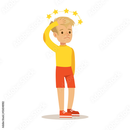 Sick Kid With Concussion And Stars Before Eyes Feeling Unwell Suffering From Injury Needing Healthcare Medical Help Cartoon Character