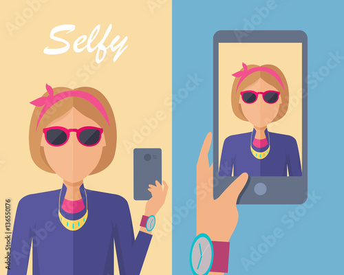 Selfy on Smartphone. Young Woman Taking Self Portrait