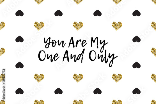 Valentine greeting card with text, black and gold hearts