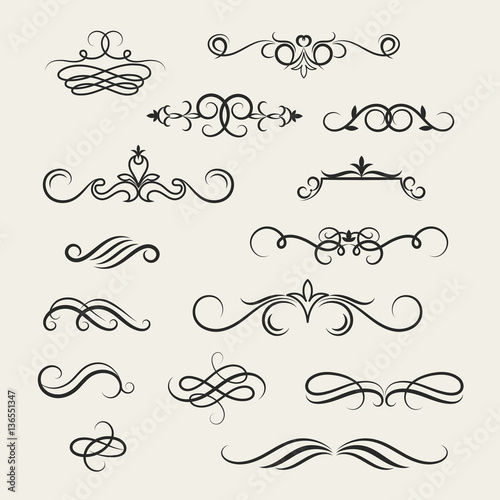Flourish scroll vector design elements. Victorian ornate decorative swirl signs isolated on white background