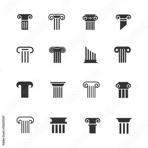 Ancient greek and roman column icons. Architectural pillar vector black white signs