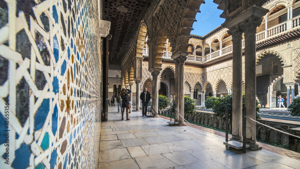 The courtyard of the Maidens in the Alcazar in old Seville, Spain.