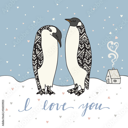 Romantic Valentine card with penguins