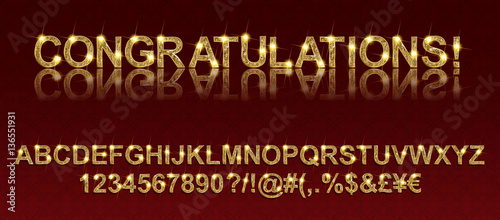 Congratulations. Gold alphabetic fonts and numbers. Vector illustration