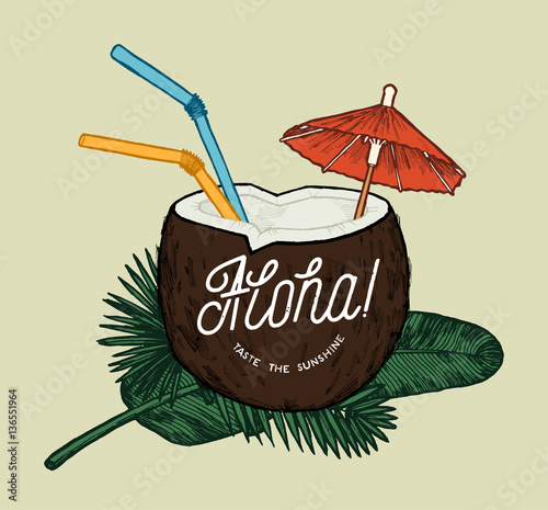 aloha tropical coconut cocktail with colorful straws and umbrella on jungle leaves.