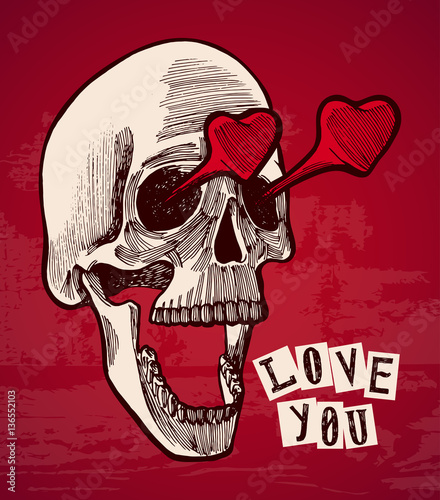 valentines card - vintage skull with heart shaped eyes on red background