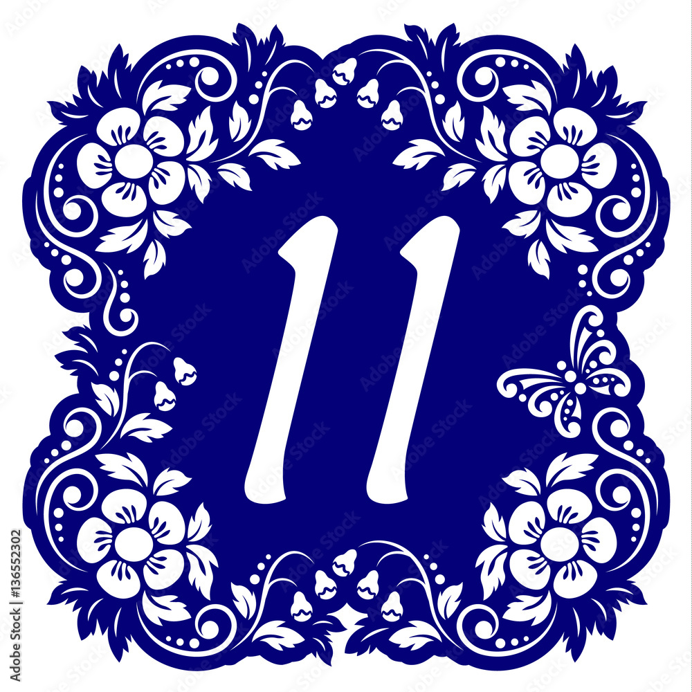 Laser cutting numbers template. Openwork card with flowers, leaves