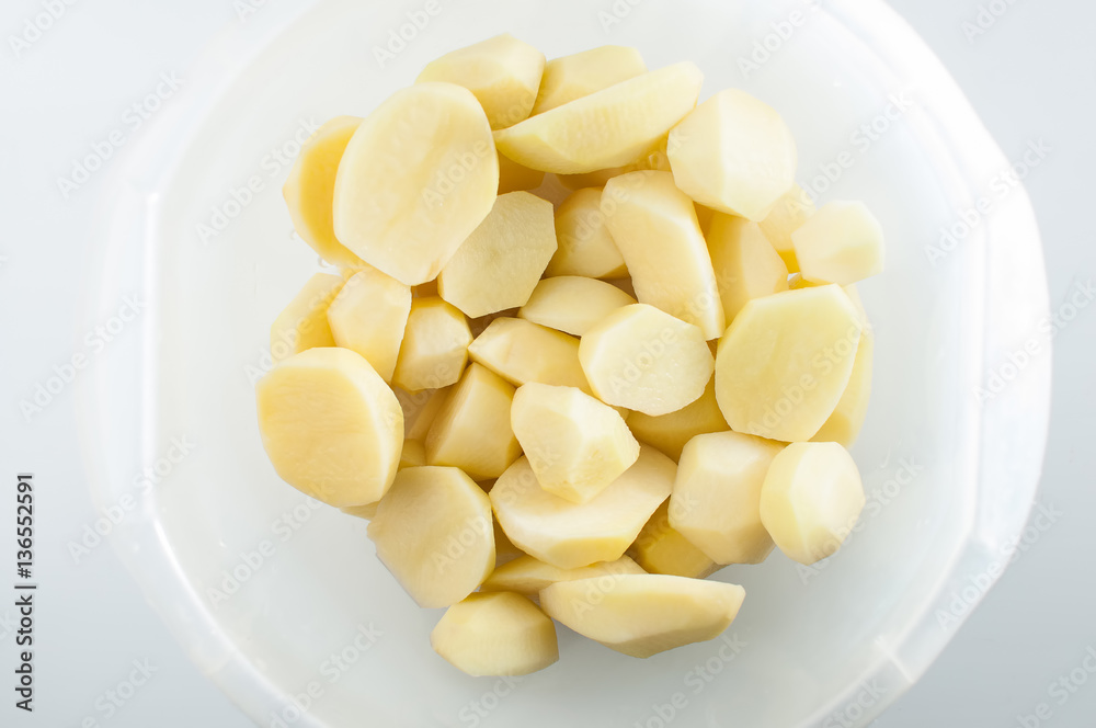 Sliced, peeled raw potatoes in a bowl Sliced, peeled raw potatoes in a bowl