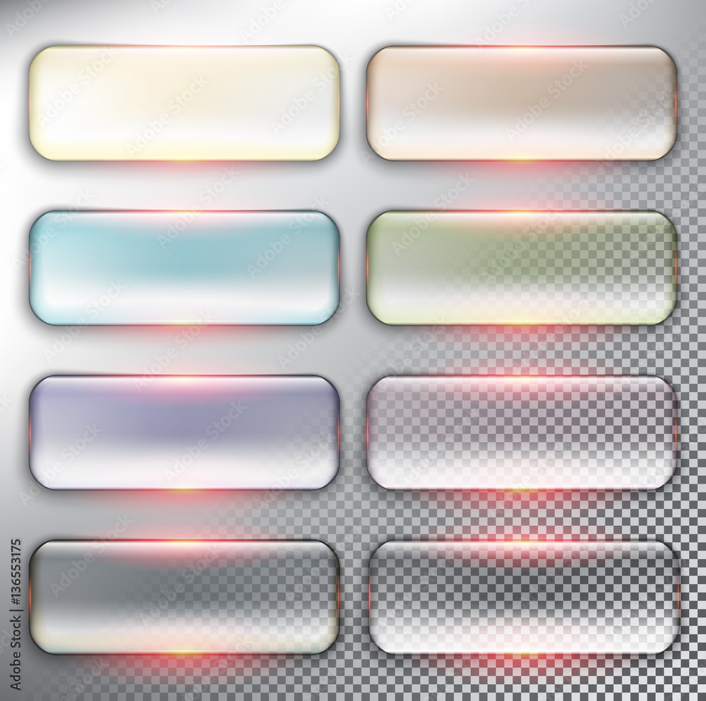Abstract vector web buttons set of 8. Isolated with realistic, transparent glass shine and shadow on the light background. Vector illustration. Eps10.