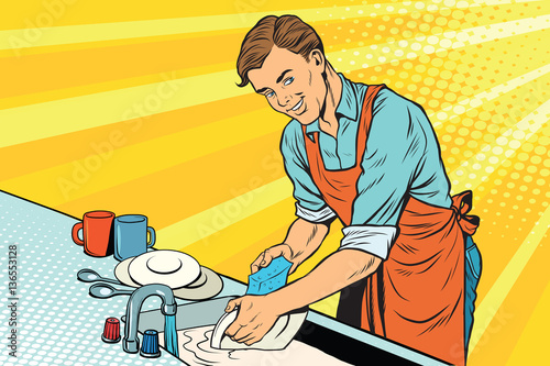 Vintage worker washes dishes