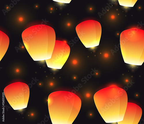 Seamless festive texture sky lanterns and sparks. Vector pattern for your creativity photo