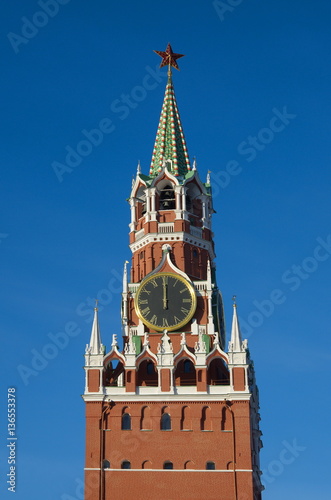 Spasskaya tower of the Moscow Kremlin on background of blue sky, Moscow, Russia