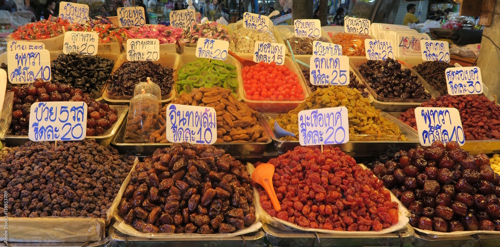 Dried food and candies at a local market in Thailand