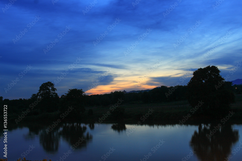 Sunset sky colorful silhouette river  time twilight  woodland 