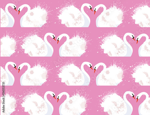 Seamless pattern with a pair of lovers swans and watercolor splashes on a pink background. Vector texture for your creativity