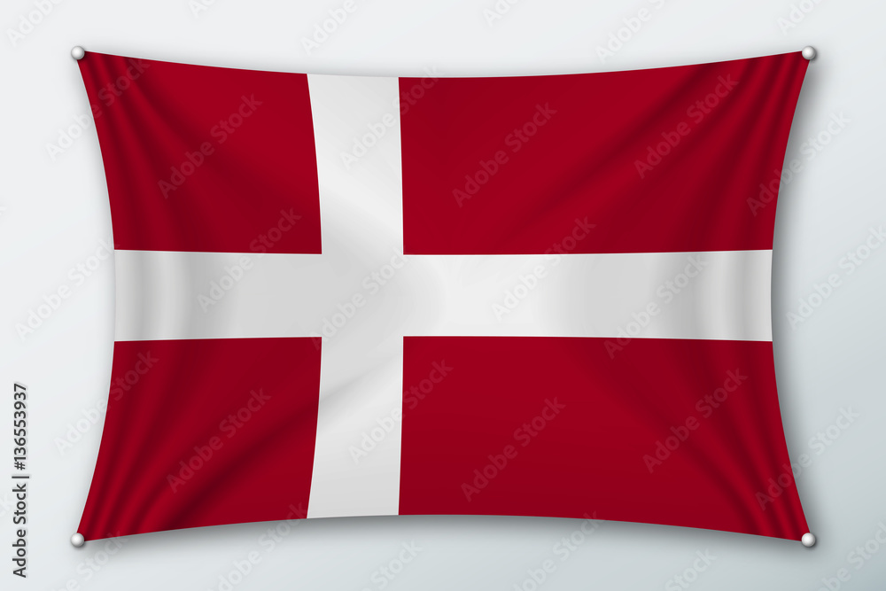 Fototapeta premium Denmark national flag. Symbol of the country on a stretched fabric with waves attached with pins. Realistic vector illustration.