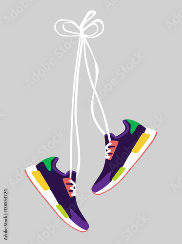 Stylish colored  sneakers for training with long laces on grey background, vector, illustration,