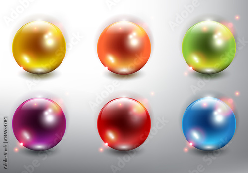 Realistic pearls set of 6. Colorful and glossy with realistic light and shadow on the light background. Vector illustration. Eps10.