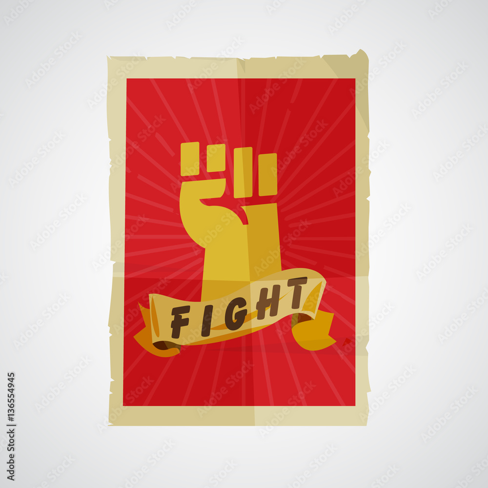 Fist raised up in poster paper. Protest and revolution concept -