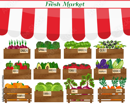 Local vegetable stall. Fresh organic food products shop on shelves. . Agriculture exhibition poster.