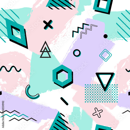 Vector seamless retro memphis pattern with geometric and hand drawn brush elements. Chaotic trendy geometry in hipster style. Suitable for posters, covers, prints.
