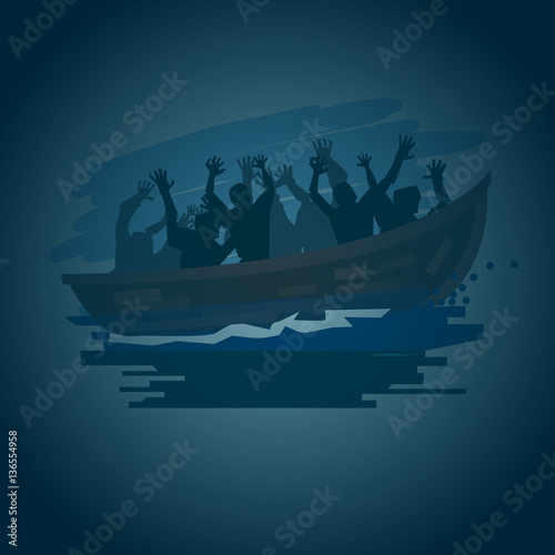 Refugees on a boat on the stormy sea in shilluate style, move to