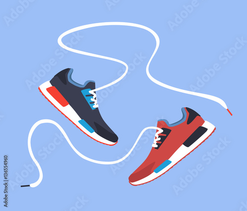 Stylish colored  sneakers for training with long laces on blue background, vector, illustration,