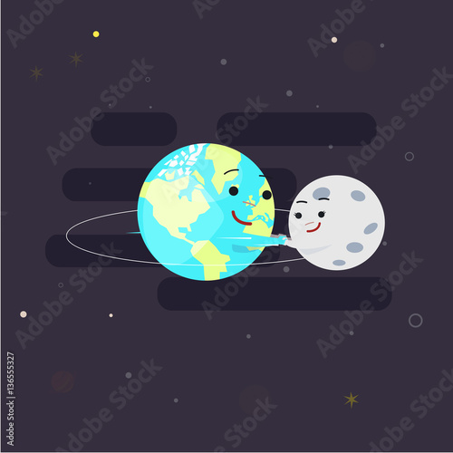 Fototapeta Naklejka Na Ścianę i Meble -  Earth holding hand with moon for play around orbit circle. character design. orbit study for kid - vector illustration