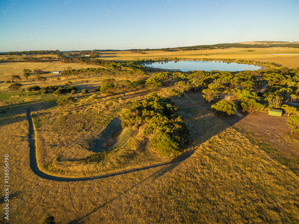 Aerial view of Kangaroo Island rural agricultural area at sunset Stock