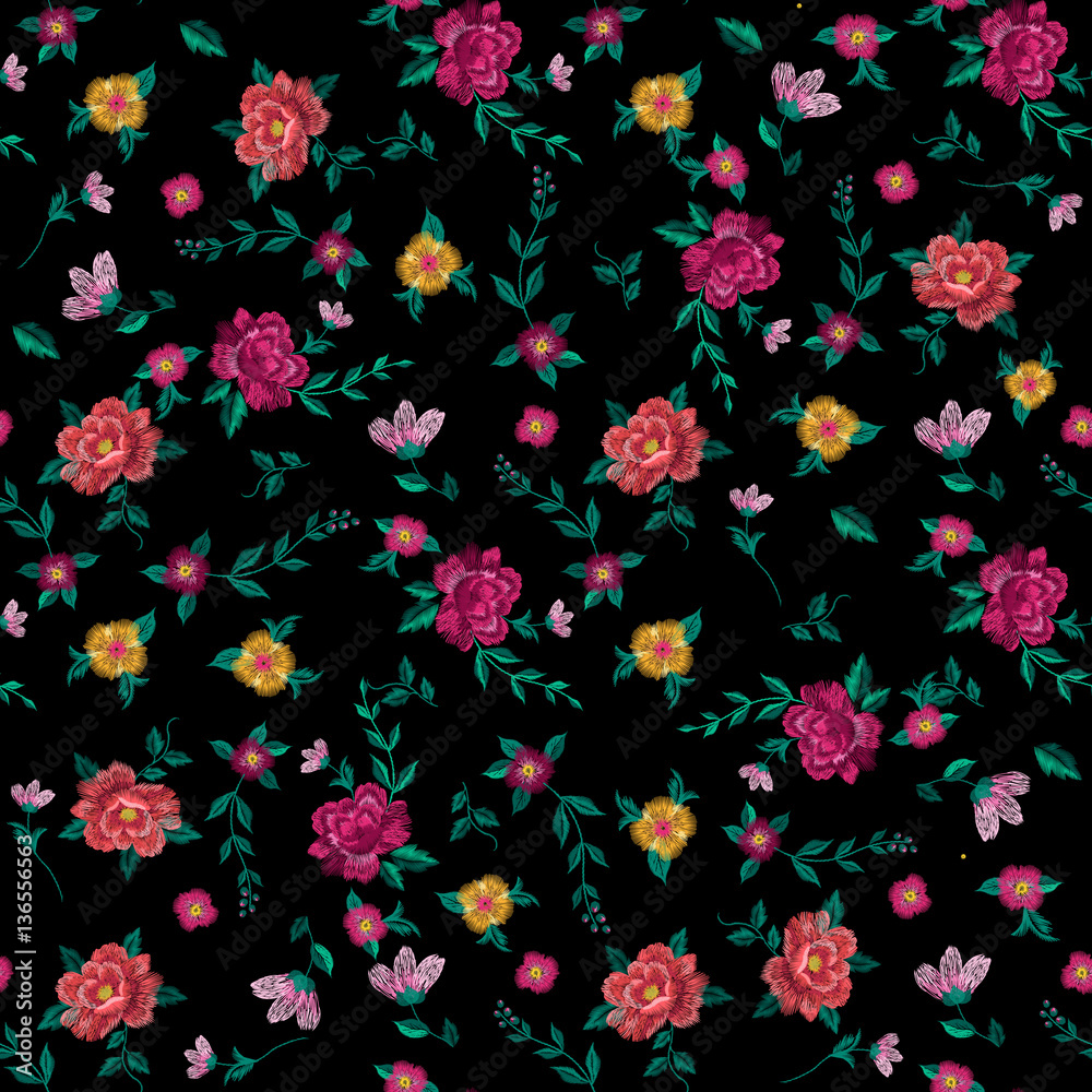custom made wallpaper toronto digitalEmbroidery colorful vintage simplified ethnic floral seamless pattern. Vector traditional folk roses flowers ornament on black background for design.