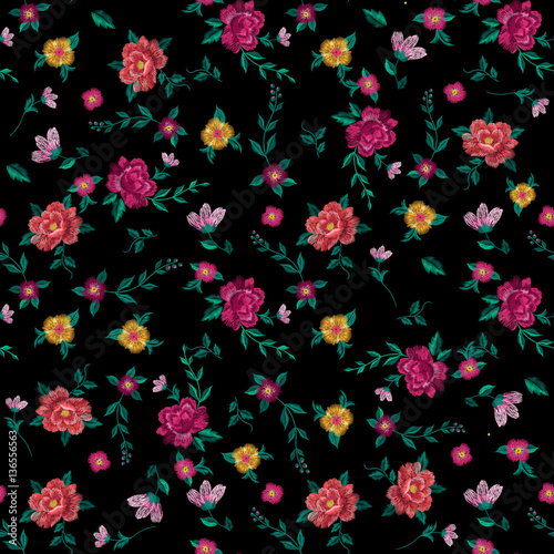 Wallpaper Mural Embroidery colorful vintage simplified ethnic floral seamless pattern. Vector traditional folk roses flowers ornament on black background for design. Torontodigital.ca