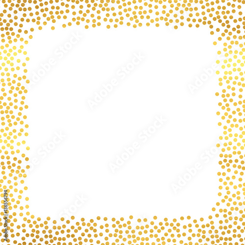 Abstract holiday background with hand drawn particles. Bright golden polka dot square frame template. Vector illustration