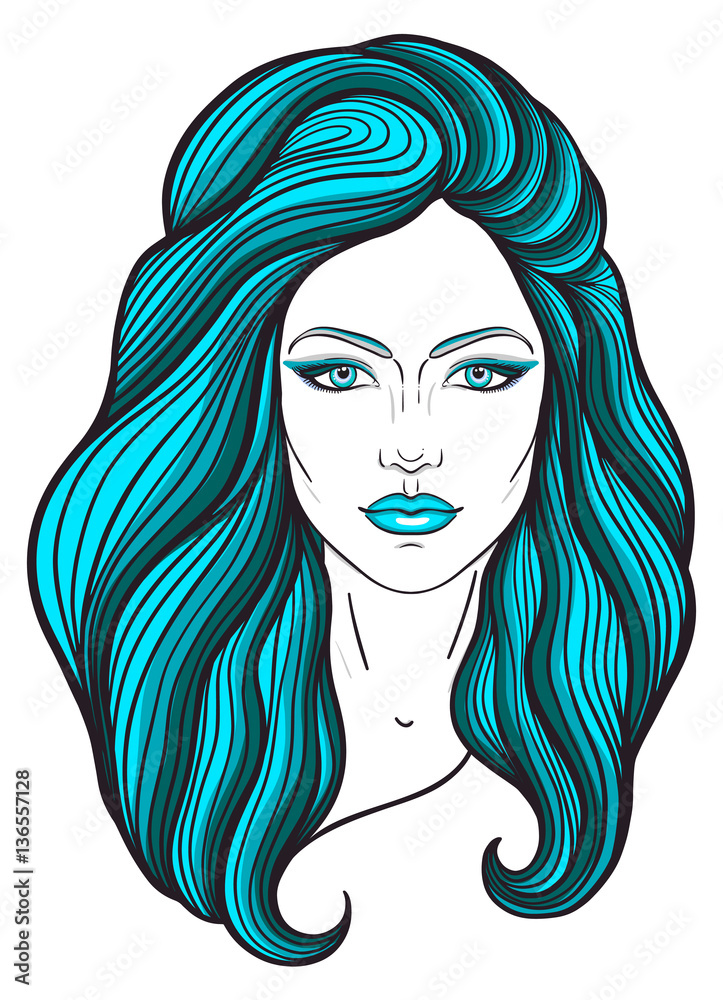 Beautiful girl face with long hair and neutral expression. Hand drawn woman portrait stylized in lines. Decorative vector illustration