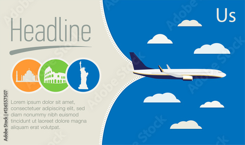 Tourism, Travel Agency poster. Airplane in the blue sky