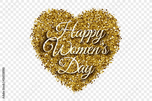 Happy Women's Day 8th March Illustration. Golden Shiny Tinsel Square Particles Abstract Vector Heart with 3d Text on Transparent Background. Celebration, holidays and party design element