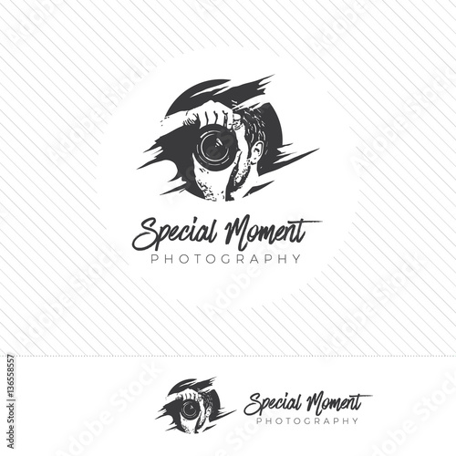 abstract silhouette photography logo. Vintage style camera icon vector with photographer holding a lens.