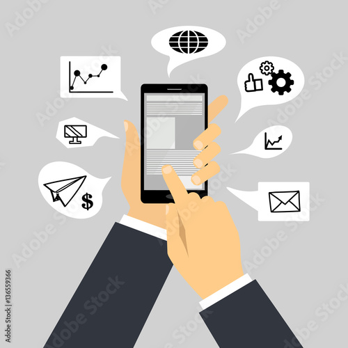 icons of business in bubbles around hand with phone