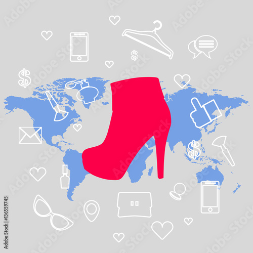 fashionable female high heel boot with fashion objects and trendy accessories with world map on background, vector, illustration
