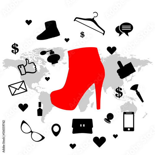fashionable female high heel boot with fashion objects and trendy accessories with world map on background, vector, illustration